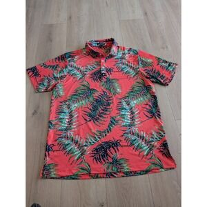 Bad Birdie Men's Size XL Golf Polo Shirt Tulum Orange Hawaiian Floral Palms